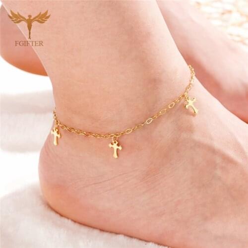 Cross Pendant Anklet Gold Color Stainless Steel Chain Summer Beach Jewelry Elegant Fashion Woman Ankle Jewelry