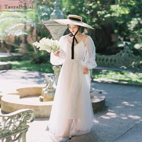 Lace Tulle Wedding Dresses Simple Full Sleeve Lovely Bridal Gowns Countryside Beach Vestido De Noivas Chic DW089