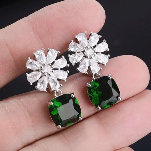 Fashion flower emerald gemstones diamonds drop earrings for women white gold silver jewelry bijoux party brincos gifts accessory