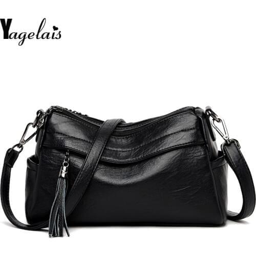 New Fashion Women Crossbody Bag Black Soft Washed Leather Shoulder Bag Patchwork Messenger bags for women