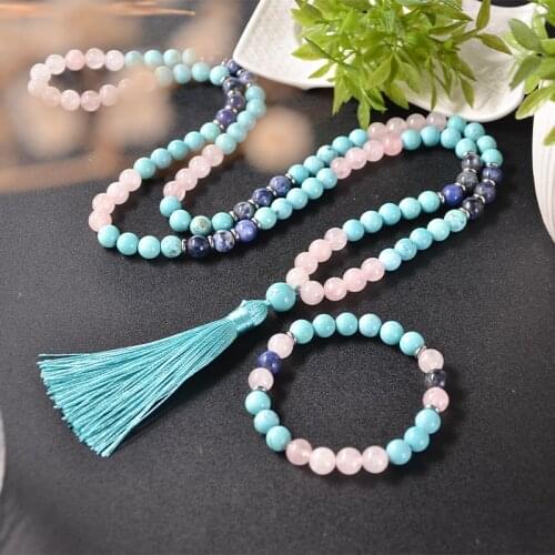 8mm Blue Turquoise Rose Quartz Blue Vein Beaded Mala Necklace Meditation Yoga Blessing Rosary 108 Japamala Jewelry Sets