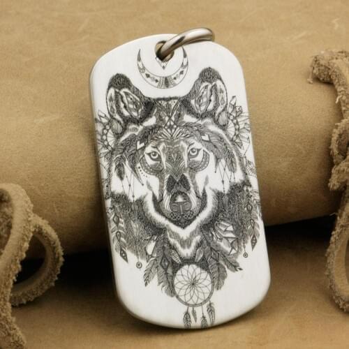 316L Stainless Steel High Detail Engraved Indian Wolf Dotag Mens Biker Rocker Punk Pendant 9X111 JP