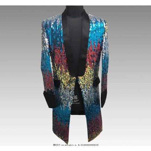 Luxury long gradient color sequin suit night bar male male singer performance clothing nightclub DS DJ stage costume balazer