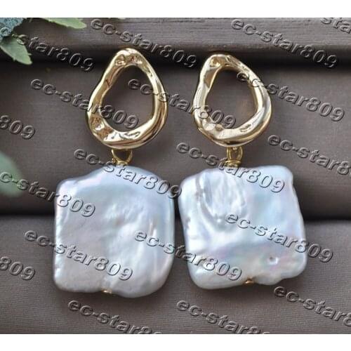 Z11259 20mm White Square Coin Pearl Gold-Plating Dangle Earring Woman Fine Jewelry