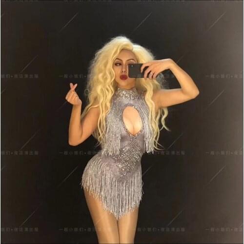 Women Sleeveless Bodysuit Bar Modern Female Singer Hosted Silver High Collar Tassel Big Stretch Adult Jumpsuits Stage Costume