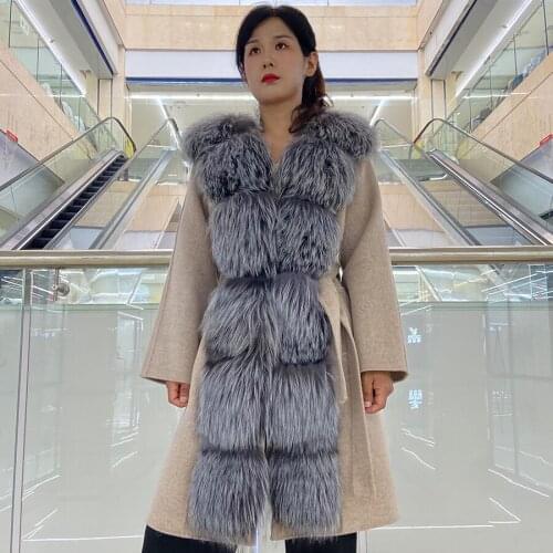 Real Fur Coat Women Wool Blend Jacket Natural Silver Fox Fur Collar Female Autumn Winter Warm Fashion Outwear With Belt