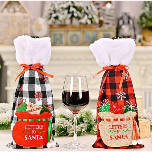 1pcs Creative Christmas Embroidered Snowflake Wine Bottle bag Grid White Plush Wine Bottle Cover Ornament
