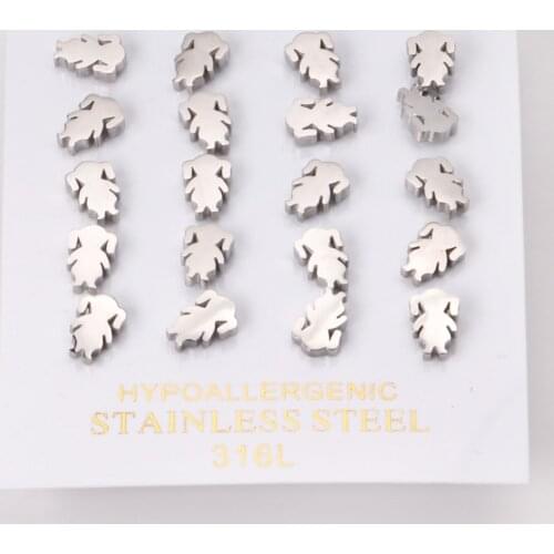 10 Pairs Korean Cartoons Crystal Earrings For Girls Stainless Steel Sliver Color Girl Shape Stud Wholesale Earrings Sets
