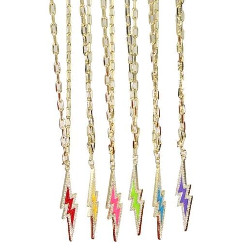 2020 summer colorful jewelry Neon enamel cz paved lightning bolt pendant open link chain necklace