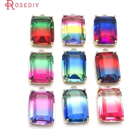6PCS 20x13MM 24K Champagne Gold Color Brass Glass Colorful Rainbow Style Rectangle Charms Pendants Jewelry Findings Accessories