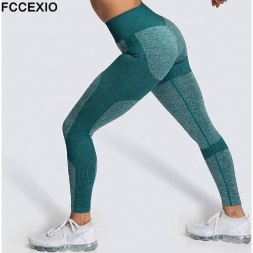 FCCEXIO High Waist Sport Leggings Women Push Up Running Pants Workout Fitness Gym Tights Sexy Slim Energy Vital Seamless Legging