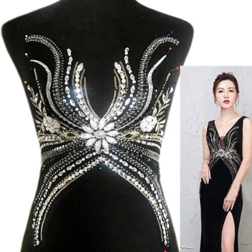 France 3D Black 28x41cm Silver Girl Wedding Applique Patches Rhinestones Sewing for Women Evening Dress V Neckline Decoration