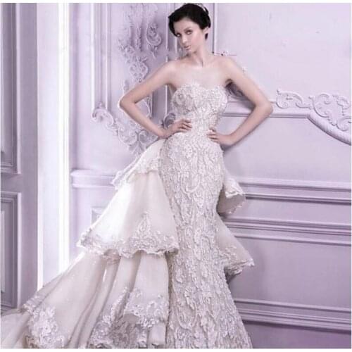 Custom Made Mermaid Lace Wedding Dresses With Attachable Train 2021 Sweetheart Strapless Chapel Train Bridal Gown Wedding Gown