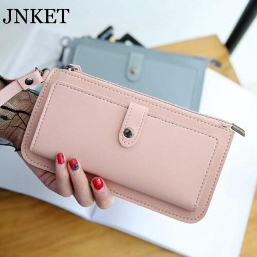 JNKET New Multifunctional Women Long Wallet PU Leather Buckle Zipper Purse Card Holder Clutch Handbag Including Wrist Strap