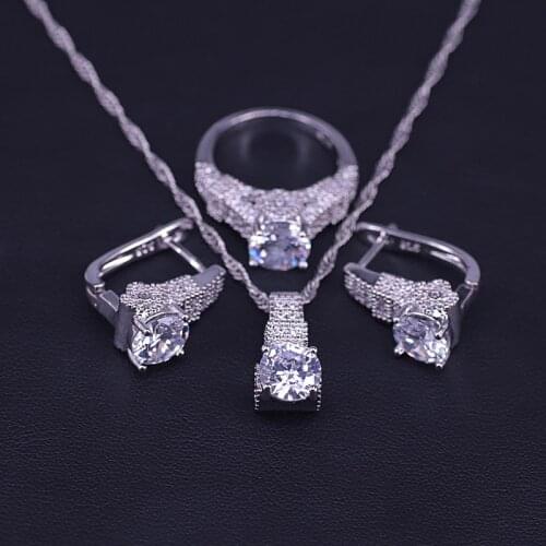 Big discount shiny crystal & cubic zircon silver color jewelry set for women hoop earrings ring necklace set pretty design