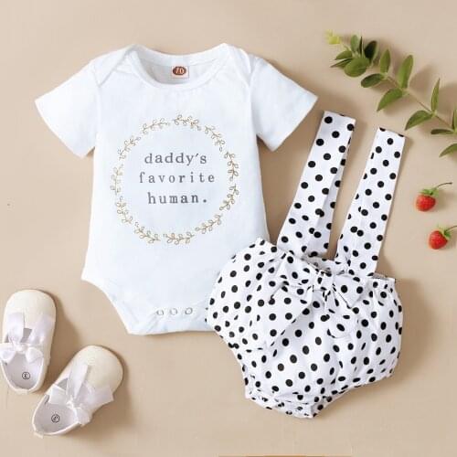 2Pcs Toddler Baby Girls Summer Letters Printed Short Sleeves Romper + Polka Dot Suspenders Shorts 0-18 Months Infant Outwear