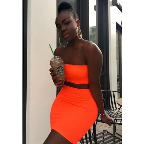 Summer new womens tight sexy outdoor breast orange two suit skirt