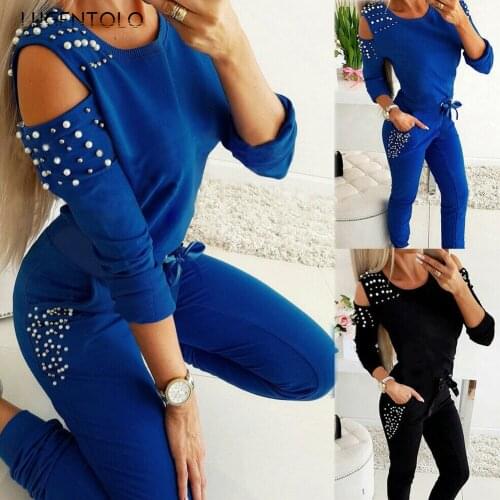 Lugentolo Autumn Womens Two Piece Set Sexy Beaded Solid Color New O-Neck Long-Sleeve Slim Pocket Pants Lady Sport Casual Sets