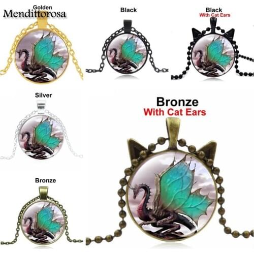 Mendittorosa Dragon Glass Jewelry With Silver Plated Glass Cabochon Choker Pendant Necklace For Women Party