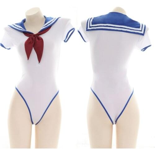 Cute Cosplay Bodysuit Bow-knot Sailor Suit Women Sexy Bodycon Romper Bodysuits Anime School Girls Swimwear Sukumizu