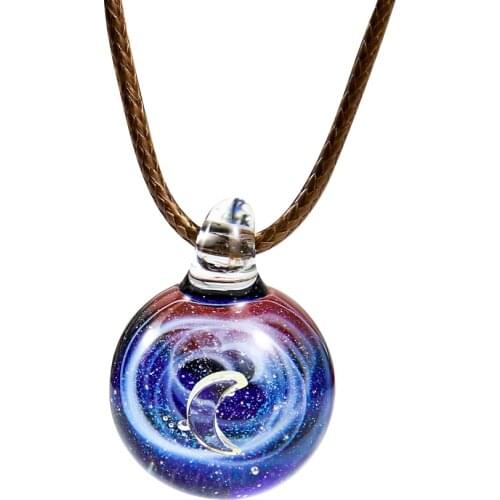 Fashion Starry Sky Glass Ball Moon Necklace Universe Galaxy Planet Pendant Necklace Sweater Chain Jewelry Gift for Women Men
