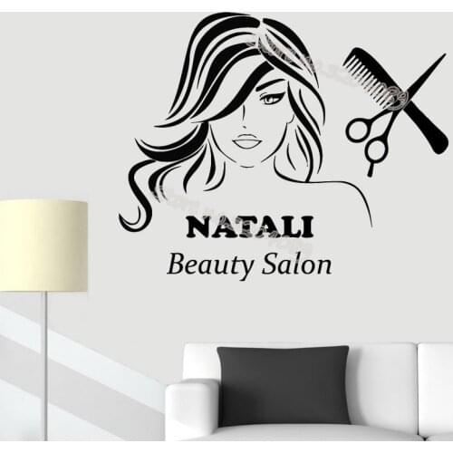 Barbershop Personalized Custom Name Wall Decals Girls Hair Beauty Salon Logo hairdressing tool Scissors Haircut Stickers EB666