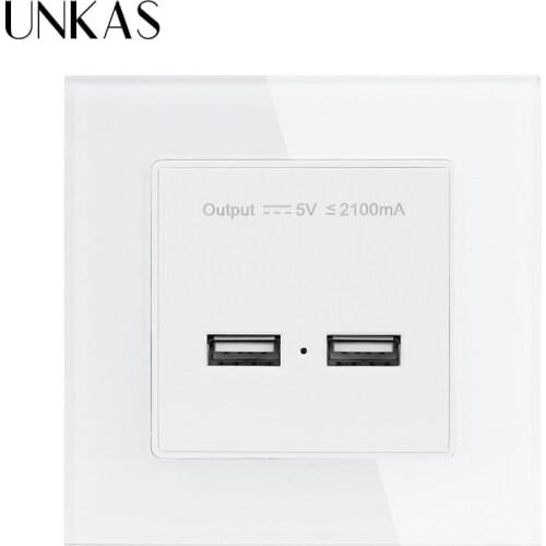 UNKAS Crystal Tempered Glass Panel Wall Power Socket Dual USB Smart Induction Charging Port For Mobile 5V 2.1A Output