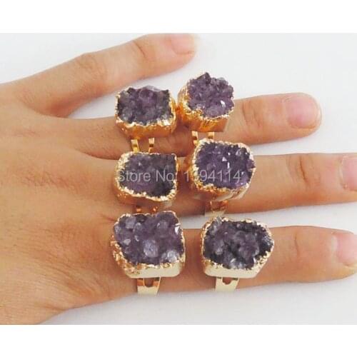Natural Purple Quartz Crystal Cluster Oval Ring Of Gold Cladding Adjustable