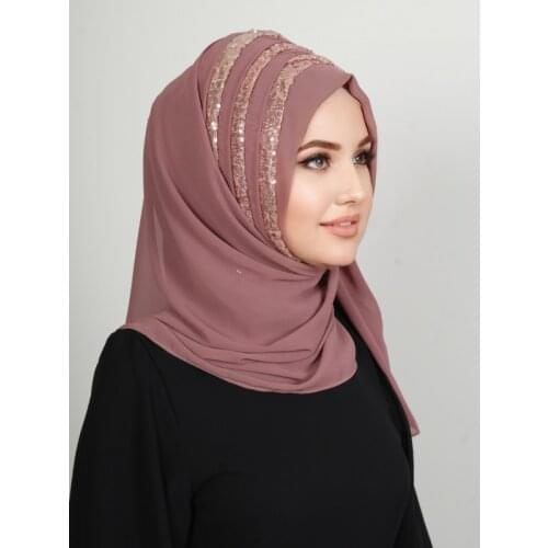 New fashion muslim hijab islamic 2021 hat bone scarf chiffon hijab Drapeli ready shawl Sequined Modern Ready Hijab Color Rose