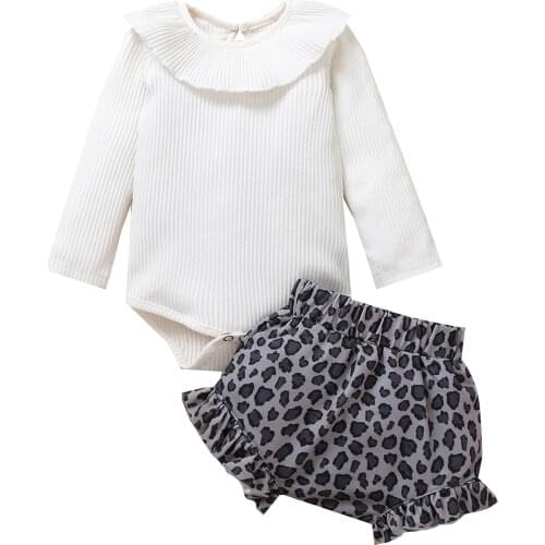 0-24M Newborn Baby Girls Long Sleeve Solid Romper +Leopard Shorts 2cps Autumn Clothing Set