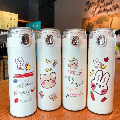 Cute Little Bear Thermos Kawaii Animal Portable Stainless Steel Water Bottle with Lid Shell Cap Design Personality Sports Cup