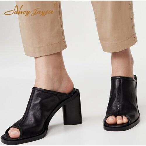 Block High Heels Mules Open Toe Pumps Slingbacks Outfit Female Shoes Soft Spring Holidays Casual Big Size 12 13 14 NANCYJAYJII