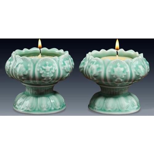 Vintage Ceramic Candle Holder Home Buddha Lamp Ornaments Buddhist Supplies Celadon Candlestick Desktop Candle Holders