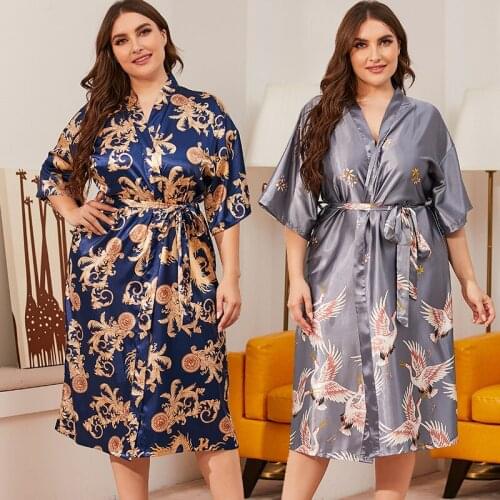 Womens Oversized Silk Bathrobe XL-XXXXL Womens Spring Autumn Bathrobe Pajamas Womens Pajamas Comfortable Nightgown Sleepcoat