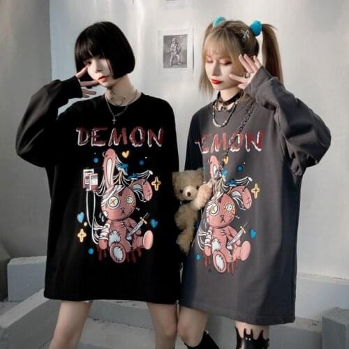 WomenS O-Neck Sweatshirt Japanese Harajuku Vintage Cartoons Print Tops Spring Loose Couple All-Match Cotton Pullover Clothes