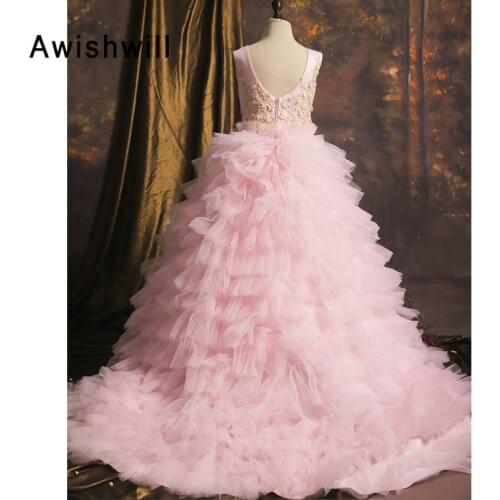 New Style Girls Long Pangeant Dress Sleeveless Appliques Tiered Tulle Pink Flower Girl Dress Kids Evening Birthday Party Dress
