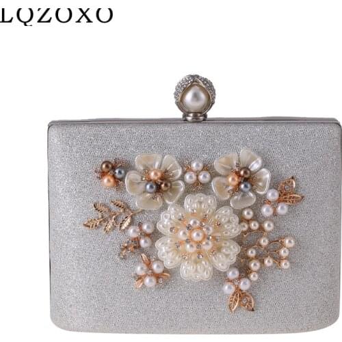 For metal crystal box case purse wedding bags pearl women bag with beading diamonds chain shoulder evening bags