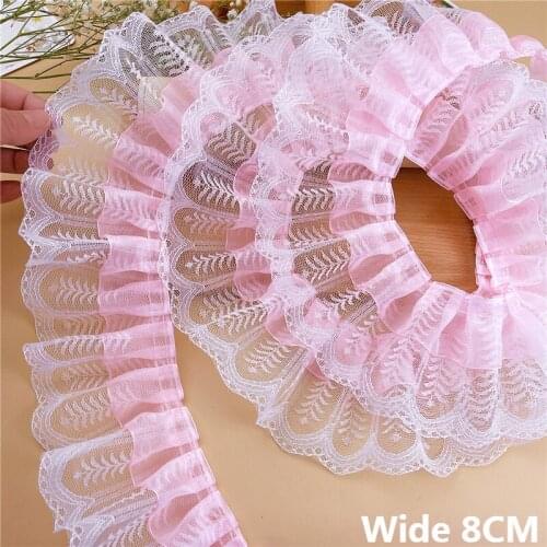 8CM Wide Double Layers Organza Pleated Fabric Mesh Embroidered Ribbon Lace Collar Ruffle Trim Wedding Dress Sewing Fringe Decor