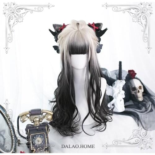 Gradient Beige Black Lolita Wig Gothic Harajuku Fairy Cosplay Bangs Long Wavy Sweet Fringe Adult Girls Hair