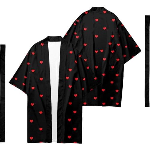 Oversize 6XL Love Heart Printed Long Style Japanese Kimono Cardigan With Belt Couple Women Men Casual Asian Clothes Harajuku