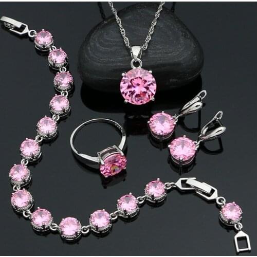 Pink Stone 925 Sterling Silver Bridal Jewelry Set Round Earrings Pendant Ring Chain Bracelet Glittering Cubic Zirconia Jewelry