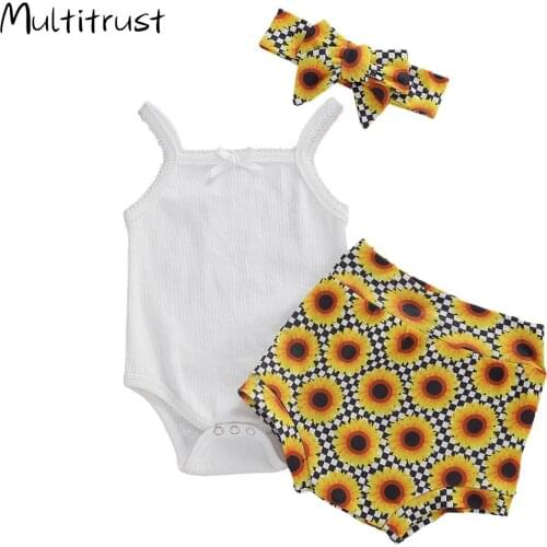 9 Style Newborn Infant Baby Girls Clothes Sets Ruffles Sleeve Bodysuit Tops+ Sunflower /Leopard Shorts+ Headband 0-18M