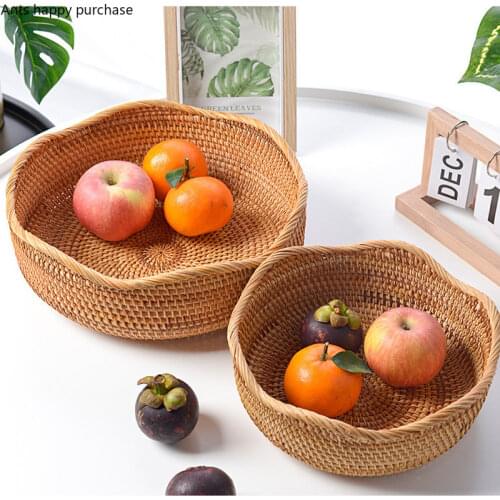 Rattan Round Fruit Basket Handmade Weave Storage Basket Living Room Fruit Tray Desktop Snacks Groceries Storage Organize Tray
