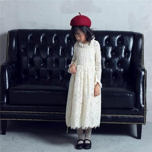 Brand New Spring Summer Sweet Girls Lace Dress Baby Kids Girl Lotus Collar Long Sleeved Princess Dress High-quality,beige/black