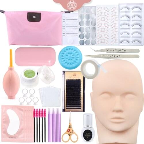 20 In 1 Professional False Eyelash Extension Training Kit Practice Model Head Tweezer Eye Pads Brush Glue Ring Eyelash Tools Set