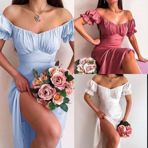 Womens Dress 2021 Summer Sexy Off Shoulder Solid White A-Line High Waist Short Petal Sleeve Elegant Office Lady Dresses Party