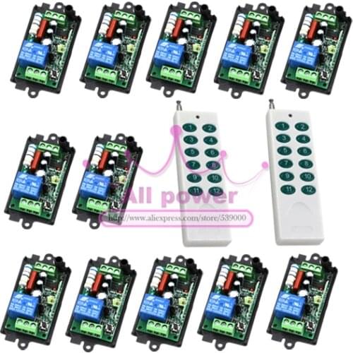 AC220V 30MA 200M 1 Channel 2Controller+12Receiver Wireless Remote Control Switch Relay for Smart Control