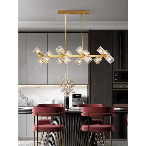 Luxury copper restaurant chandelier simple bar living room lamp personality LED rectangular lighting