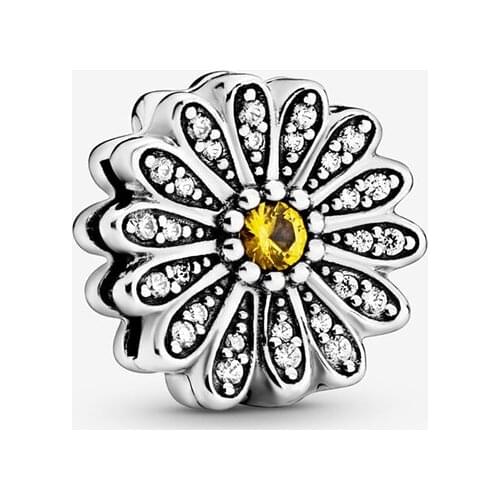 Silver 925 Beads Sparkling Daisy Flower Clip Charms Fit Original Pandora Bracelets Women DIY Fashion Jewelry