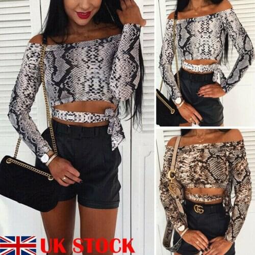 New Fashion Women´s Snake skin Print Straight Shoulder Top Shirt Off-Shoulder Long Sleeve Lumbar Sexy Party Club Crop Camis Tops